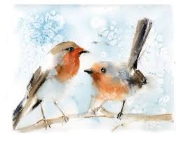 Robin Birds Couple On A Branch Watercolor Painting 2018 Watercolour By Sophie Rodionov Bird Watercolor Art Bird Watercolor Paintings Watercolor Bird