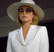 Michelle Pfeiffer Wearing A White Outfit With 80s Style Suit And Michelle Pfeiffer Scarface Fashion Michelle Pfeiffer