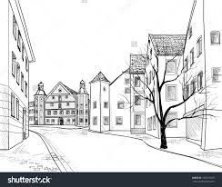 Perspective Houses Sketch Pedestrian Street In The Old European City Burglengenfeld Bavaria Germany Hand Dra City Drawing Landscape Drawings City Landscape