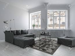 Black living rooms can give old walls new life, as with this lounge seating a grey modern sofa bright, open and spacious, this white living room is afforded a fireplace by a middling copper plinth. Bright Living Room In Minimalist Design With White Walls Dark Stock Photo Picture And Royalty Free Image Image 70446819