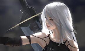 Female Gray Haired Animated Character With Black Hilt Sword Digital Art Artwork Wlop Women Long Hair White Hair Ni Fantasy Girl Digital Art Girl White Hair