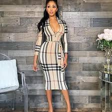 Famous Designer Burberry Inspired Long Sleeved Beige Plaid Dress Bodycon Dress With Sleeves Plaid Dress Short Dresses Casual