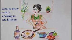 Mother cooking in kitchen clipart. How To Draw A Lady Cooking In The Kitchen Room Cooking Drawing Step By Step Pencil Drawing Easy Youtube