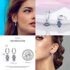 Original 925 Sterling Silver Hand of Fatima Blue Eye of Evil Hoop Earrings  Cross Eardrop Earrings For Women Gift