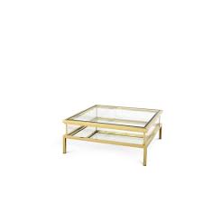 This coffee table features a fully mirrored beveled frame with mirror base with columns encrusted with a spectacular faux gem inlay. Eicholtz 109552 Coffee Table Harvey Gold Finish Clear Glass Mirror Glass Ideas4lighting