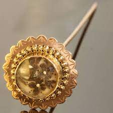 Golden Victorian Hat Pin Or Hair Pin With Hair Piece Miniature Hat Pins Antique Hats Pin Jewelry