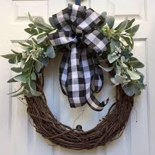 Black And White Buffalo Plaid Ribbon Winter Front Door Wreath Lambs Ear And Ribbon Farmhouse Etsy In 2020 Winter Wreath Winter Door Winter Door Decorations