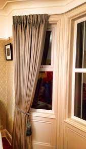 Deep Pencil Pleat Curtains In Sanderson Fine Stripe Fabric On Metal Bent Track In Bay Window Pleated Curtains Pleated Drapes Home