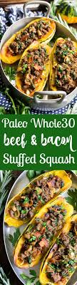 Delicata Squash Is Roasted To Perfection And Stuffed With Ground Beef Caramelized Onions Bacon Spinach Mushrooms Beef Recipes Paleo Beef Recipes Paleo Beef