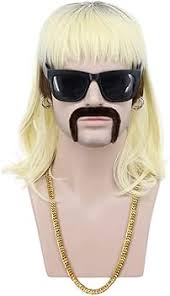 VGbeaty 70s 80s Adult Men Long Curly Black Root Blonde Mullet Mutsache Wig  with Gold Necklace and 6 Earrings Halloween Costume Cosplay Wig : ...