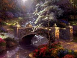 Thomas kinkade paints from an inspired inner vision—a pristine world where life is simple, light is abundant and love pervades the air. Hd Wallpaper Thomas Kinkade Bridge Of Hop Art Bridge Flower Painting Thomas Kinkade Hd Wallpaper Flare