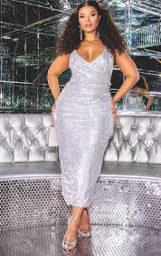 Plt Silver Sequin Wrap Over Midaxi Dress Plus Size Party Dresses Silver Plus Size Dresses Plus Size Cocktail Dresses