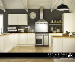 Dark Grey Walls Contrast With The Cream Curved Gloss Doors In This Relaxed Industrial Style Shot Open Grey Kitchen Walls Gloss Kitchen Cream Kitchen Cabinets