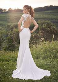 Style 66124 Cap Sleeve Gown With Lace Framing Sides And Keyhole Tie Back Lillian West Wedding Dress Cap Sleeves Lillian West Wedding Dress High Neck Wedding Dress