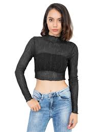 Nylon juniors long sleeve casual tops & blouses for women | ebay. Women Stand Collar Semi Sheer Long Sleeve Crop Top Power Day Sale