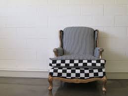 Black And White Checkered Armchair Black White Striped Wingback Chair With Checker Detail Gold Trim On Etsy 350 00 Wingback Chair Chair Black White Stripes