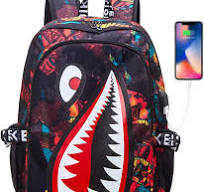 Mochila para adolescentes con diseño de tiburón, mochila para computadora  portátil con USB e impermeable, Negro & rojo, Classic