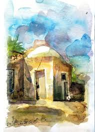 الوان مائية على ورق كانسون احد المراقد في مدينة هيت للفنان التشكيلي ثامر الهيتي art painting