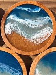 Ocean Waves Bamboo Beach Coasters Epoxy Resin Handmade Art Resin Art Resin Art Painting Epoxy Resin Art
