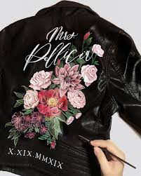 Wild Textured Blooms After Weeks Of Design Planning Detailing This Little Leather Went Off To Celebrate The Wed Wedding Jacket Bridal Jacket Biker Wedding