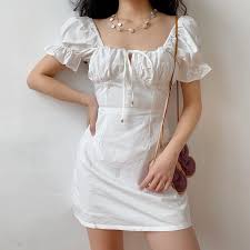 Vintage Square Collar Puff Sleeve White Dress Vacation Skirt From Fe Clothing In 2020 Puff Sleeve Dresses Fashion Outfits Fashion