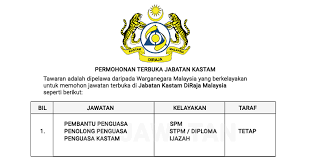 The royal malaysian customs department (malay: Permohonan Terbuka Di Jabatan Kastam Diraja Malaysia Myjawatan Com Jawatan Kosong Terkini