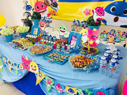 Candy Buffet Package C Add On Banner Large Pillar Balloons Standee Character Baby Sh Shark Themed Birthday Party Shark Theme Birthday Shark Birthday Cakes