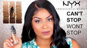 Vælg mellem 19 farver beige buff camel chestnut cocoa dyb fair golden honey kanel lys lyserød mahogni mandelhvid medium mocha neutral valnød i love this foundation, it is so creamy and easy to blend into the skin. Nyx Can T Stop Won T Stop Foundation Swatches Wear Test Youtube