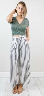 Black And White Striped Pants Outfit Green Wrap Crop Top Olive Army Green Bow Adjustable Vertical Stripe Black And White Flowy Pants W Stripe Outfits Stripe Pants Outfit Flowy Pants Outfit