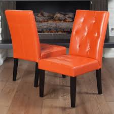 Set Of 2 Contemporary Orange Leather Dining Chair W Tufted Accent Tufted Dining Chairs Dining Chairs Orange Dining Chairs