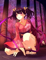 muike, mumei (kabaneri), koutetsujou no kabaneri, bad id, bad pixiv id,  highres, 10s, 1girl, blush, brown hair, feet, female focus, foreshortening,  japanese clothes, kimono, legs, long hair, obi, open mouth, panties,  pantyshot,