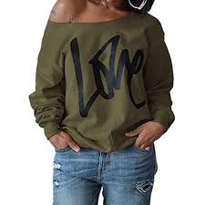 Womens Love Sweatshirt Letter Print Off The Shoulder Slouchy Pullover