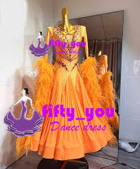 新品fifty_you オリジナルレディース社交ダンスドレス セミオーダー 競技モダンドレス スタンダードドレス オレンジ ファー