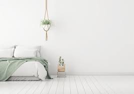 Green bedroom ideas, including light green rooms, mint. Home Bedroom Interior Mockup With Bed Green Plaid Pillows And Plants On Empty White Wall Background Free Space On Right 3d Rendering Stock Illustration Adobe Stock