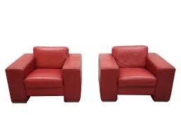 Pair Mid Century Modern Oversized Club Lounge Italian Original Red Leather Armchairs Leather Armchair Chair Armchair
