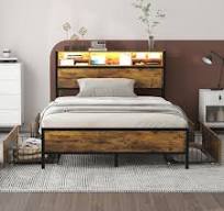 Lit Double 180x200 Avec Rangement LED - Tête De Lit Capitonnée Cuir PU