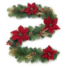 6 Ft Gold Glitter Cedar And Mixed Pine Garland With Burgundy Poinsettias Pine Garland Christmas Flower Arrangements Colorful Holiday Decorations