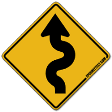 Road ahead curves gradually sign. Winding Road Warning Road Signs