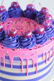 Striped Drip Cake With Glitter Cherries Striped Cake Cake Decorating Tutorials Drip Cakes