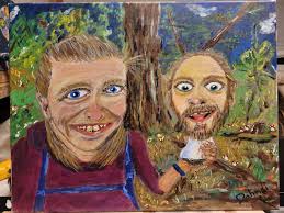 Fourth painting: This is David Duckett, Upcycle Artist. He has been  creating his unique art for 20 years, starting in Ithaca, New York, and  finally in Eugene Oregon. He enjoys whitewater rafting,