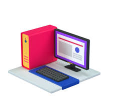 Holding tablet and computer icons over city. Workspace Computer Desktop Office Free Icon Of 3d Icons