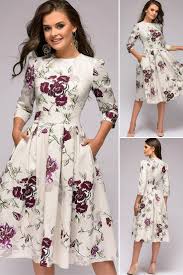 Women S Elegent Pleated Floral Printing A Line Dress 2020 Autumn Vintage 3 4 Sleeve Pockets Casual Blue Party Dress In 2020 Dresses Blue Party Dress A Line Dress