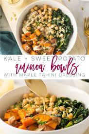 Kale And Sweet Potato Quinoa Bowls With Maple Tahini Dressing Fluffy Quinoa Crispy Sweet Potatoes Sweet Potato Dinner Quinoa Bowl Recipe Vegetarian Recipes