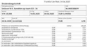 Unilever pays an annual dividend of $2.04 per share, with a dividend yield of 3.41%. Kassenzettel Unilever Dividende Juni 2020 Schwarzgeld