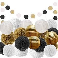 Black And Gold Pom Poms Decorations Create Fun And Festive Party Decorations With These Beautiful Paper Pom Poms And Tissu Black And Gold Party Decorations Gold Party Decorations Black Gold Party
