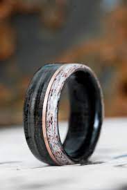 Weathered Whiskey Barrel Wood Wedding Ring With Elk Antler Edge And Offset Gold Inlay White Gold Wedding Rings Wood Wedding Ring Hunting Wedding Rings