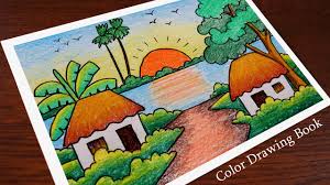 Anyone can draw this sunrise landscape following this easy drawing tutorial. How To Draw Sunrise With Colored Pencils Step By Step Village Sunset Scenery Drawing Youtube