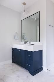 Bathroom With Light Grey Walls Painted In Sherwin Williams Site White 7070 Navy Blue Vanities With Chunky Blue Bathroom Vanity Blue Vanity Navy Blue Bathrooms
