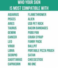 Note in the first person the. Who Your Sign Is Most Compatible With Aquarius Pisces Aries Taurus Gemini Cancer Leo Virgo Libra Scorpio Sagittarius Cheesestick Flamethrower Alien Usb Pet Rock Bacon Bandages Pubg Pan Cough Syrup Fanny Pack