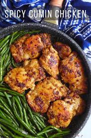 Spicy Cumin Chicken Thighs With Green Beans Recipe In 2020 Garlic Butter Chicken Skillet Green Beans Garlic Butter